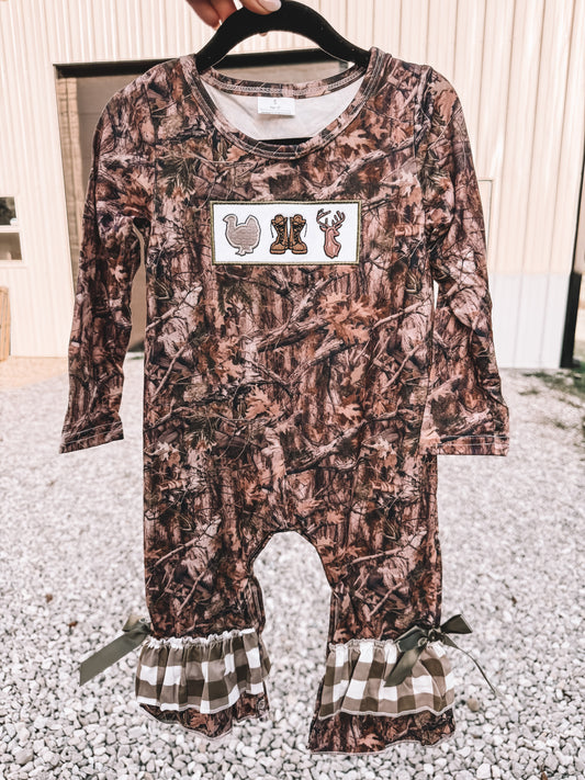 Girls Gingham Camo Ruffle Jumpsuit