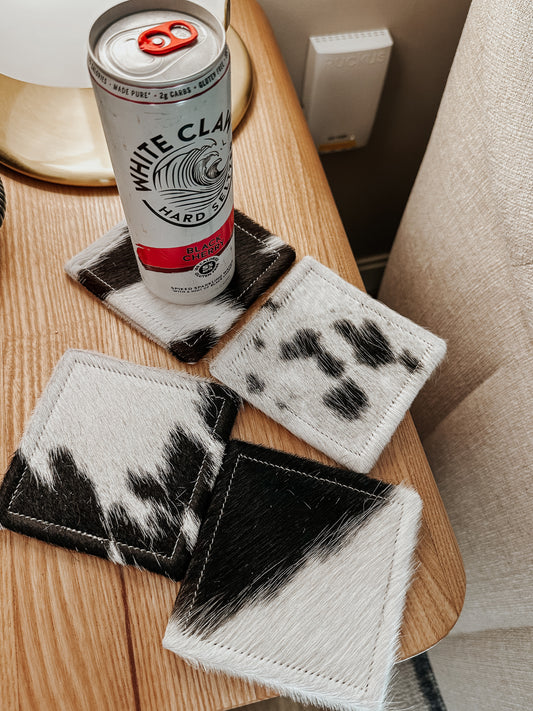 Square Cowhide Coasters in Black