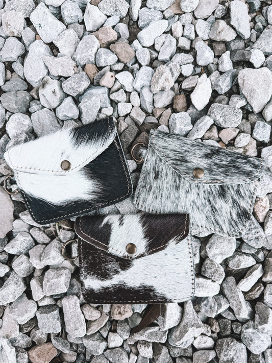 Juniper Cowhide Coin Pouch Keychain- Black