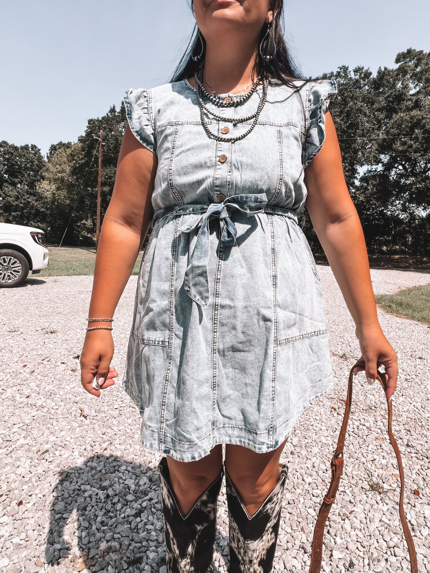 Washed Denim Ruffle Tie Dress
