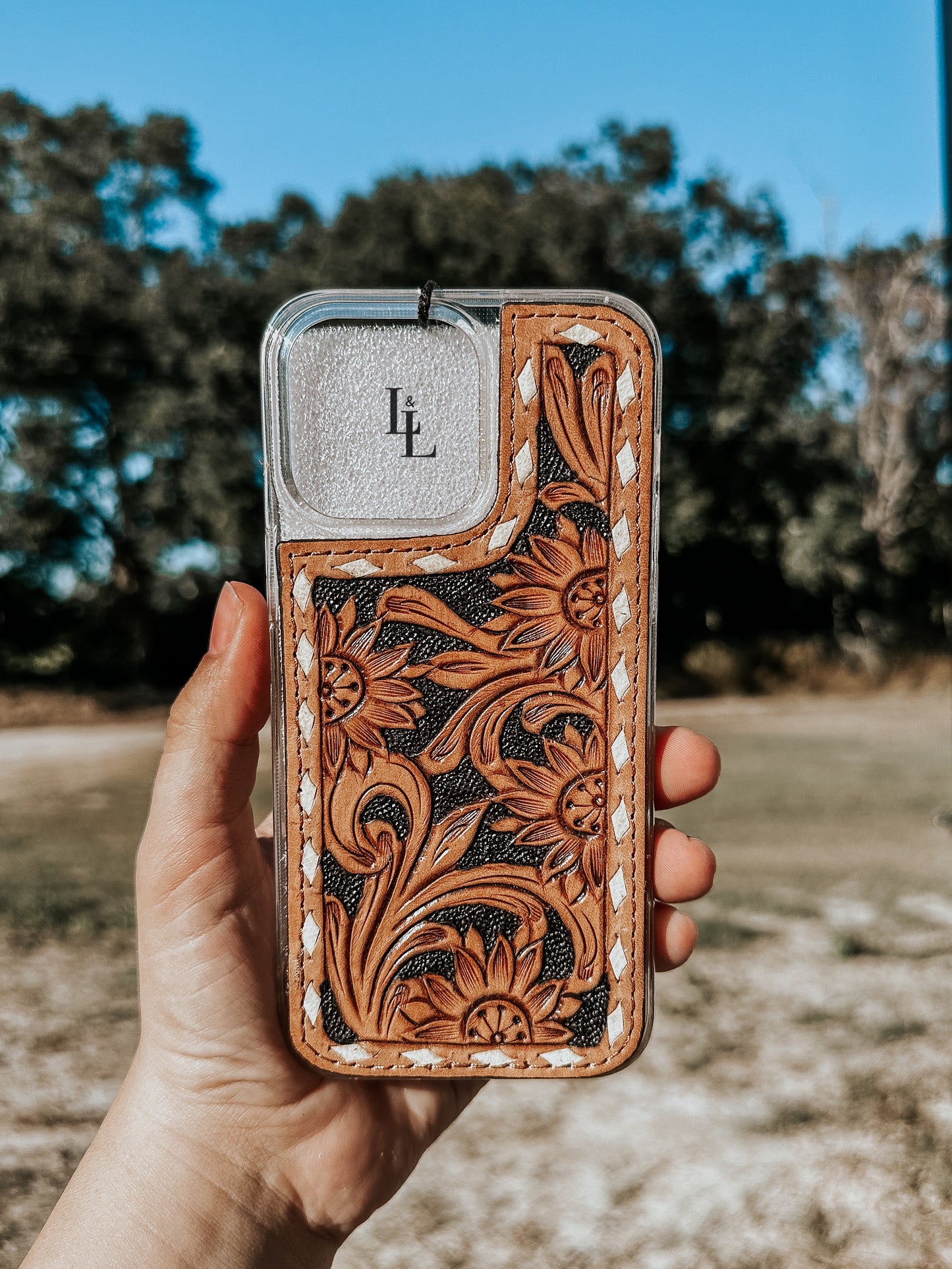 Hand Tooled Leather Phone Case - Black Floral