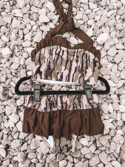 Bottomland Camo Girls Ruffle Swim Suit