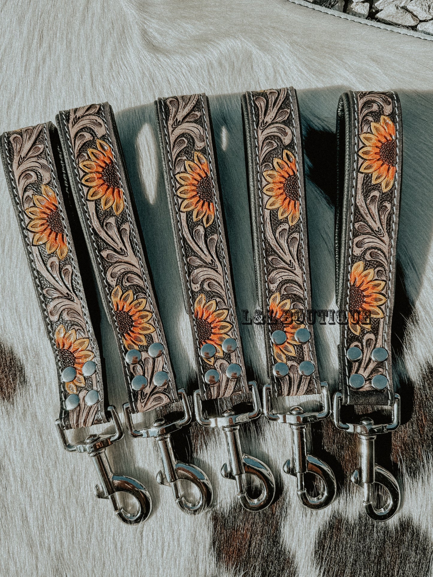 Wild Sunflower Tooled Leather Wristlet Keychain