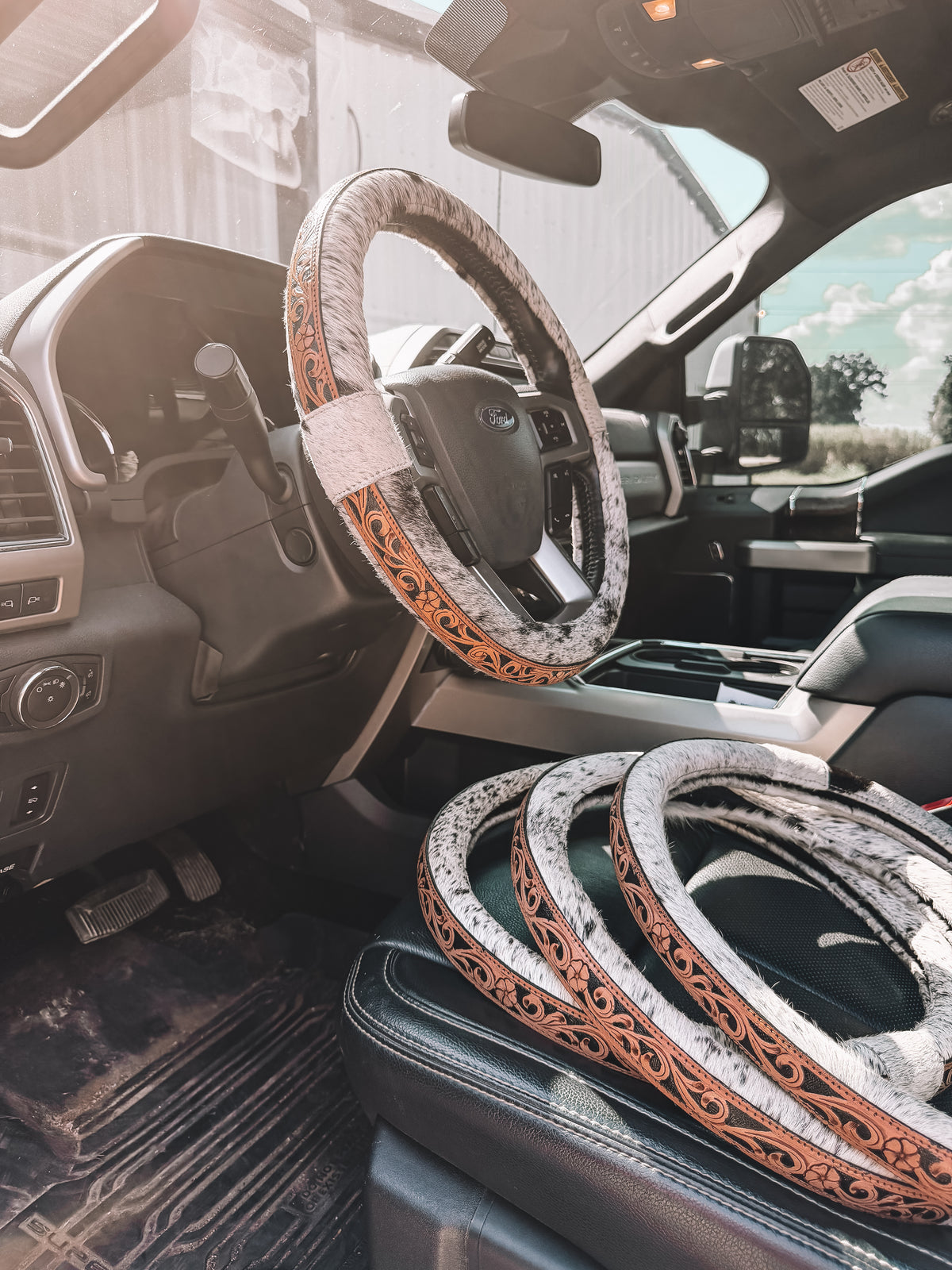 Black & Tan Leather Cowhide Steering Wheel Cover 16 inch