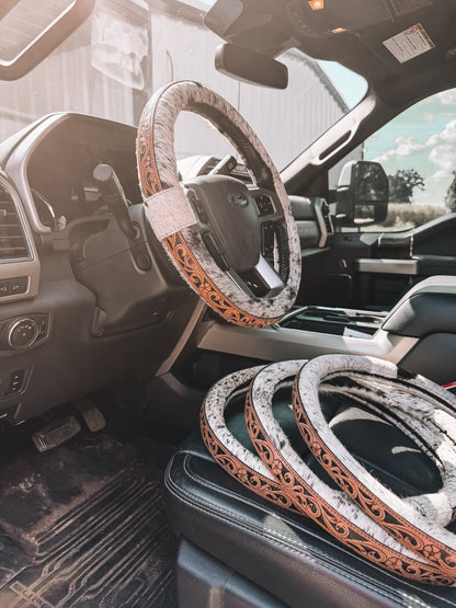 Black & Tan Leather Cowhide Steering Wheel Cover 16 inch