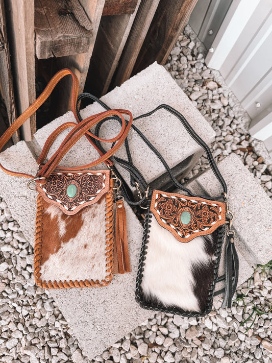Cowhide & Leather Phone Purse with Turquoise