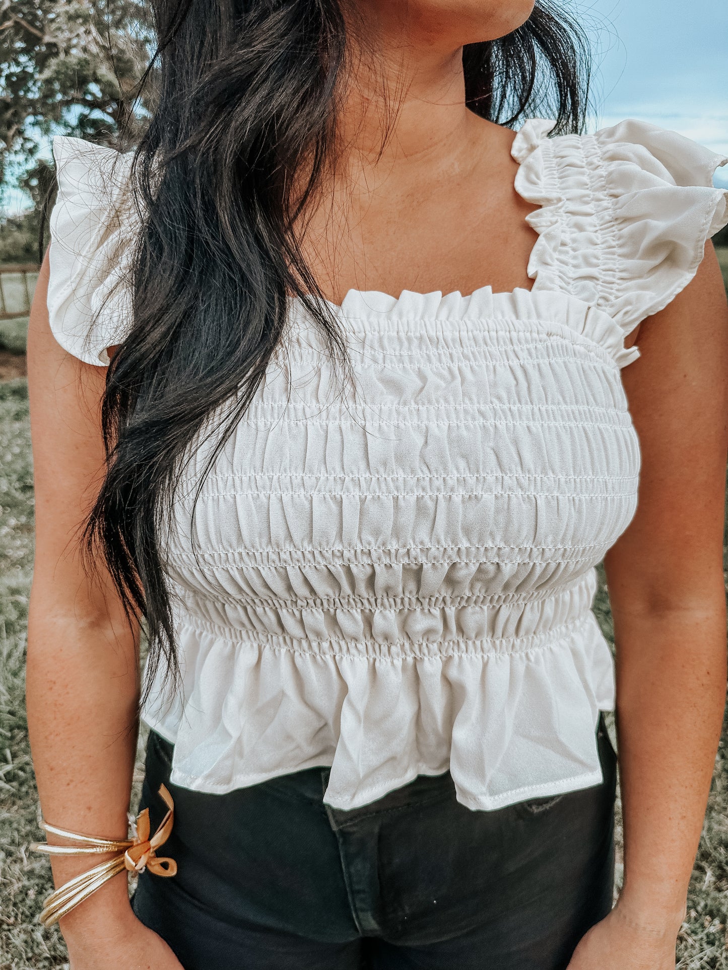 White Smocked Ruffle Top