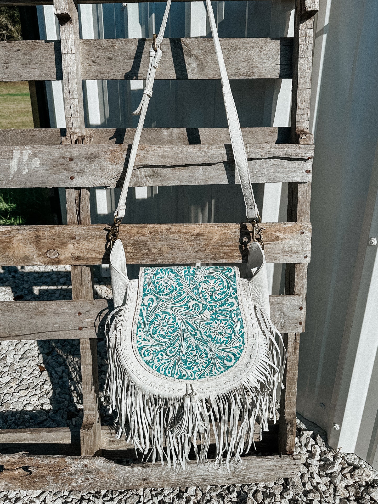 Moonwood Fringe Tooled Crossbody in White