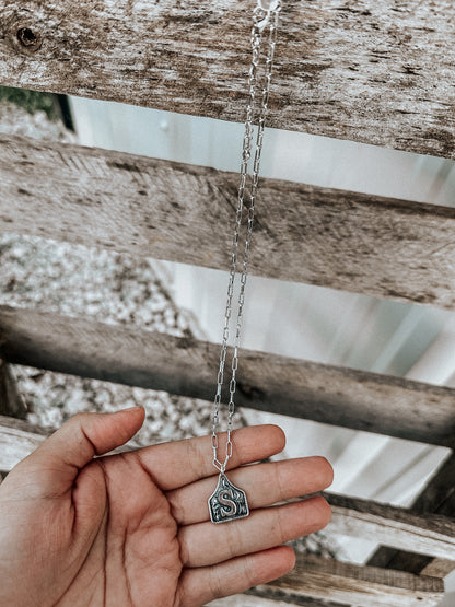 Silver Etched Ear Tag Initial Necklace