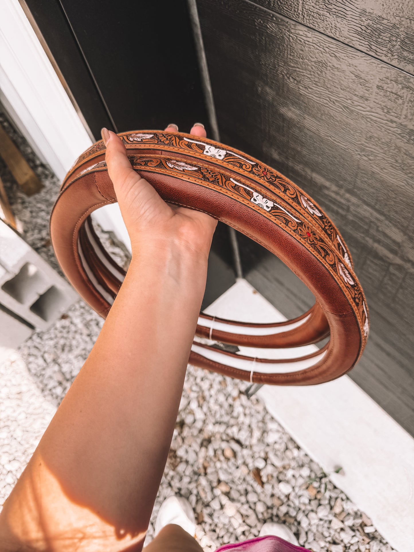 Longhorn Tooled Leather Steering Wheel Cover in Brown 14 inch