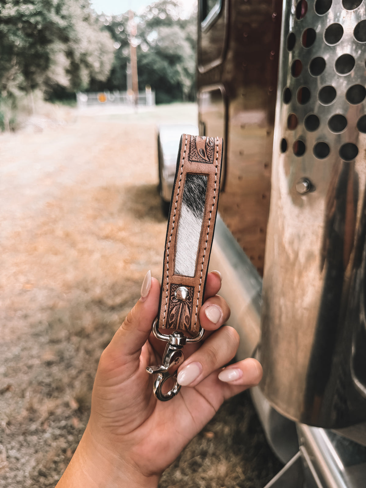 Inlay Tooled Leather & Cowhide Keychain