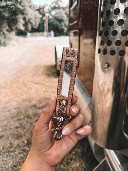 Inlay Tooled Leather & Cowhide Keychain