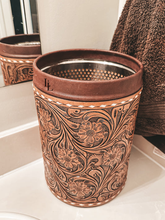 Tooled Leather Trash Can