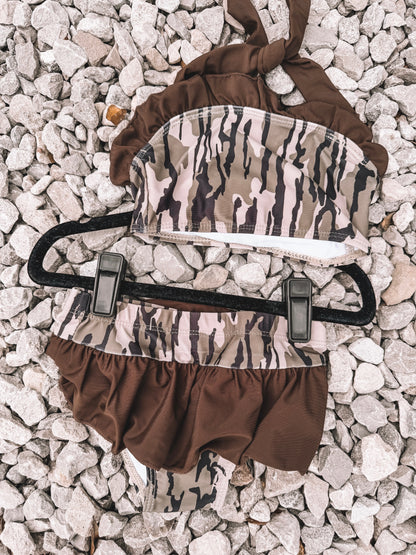 Bottomland Camo Girls Ruffle Swim Suit