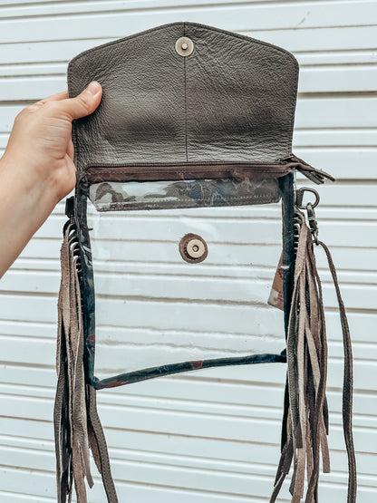 Fringe Cowhide Stadium Crossbody in Brown