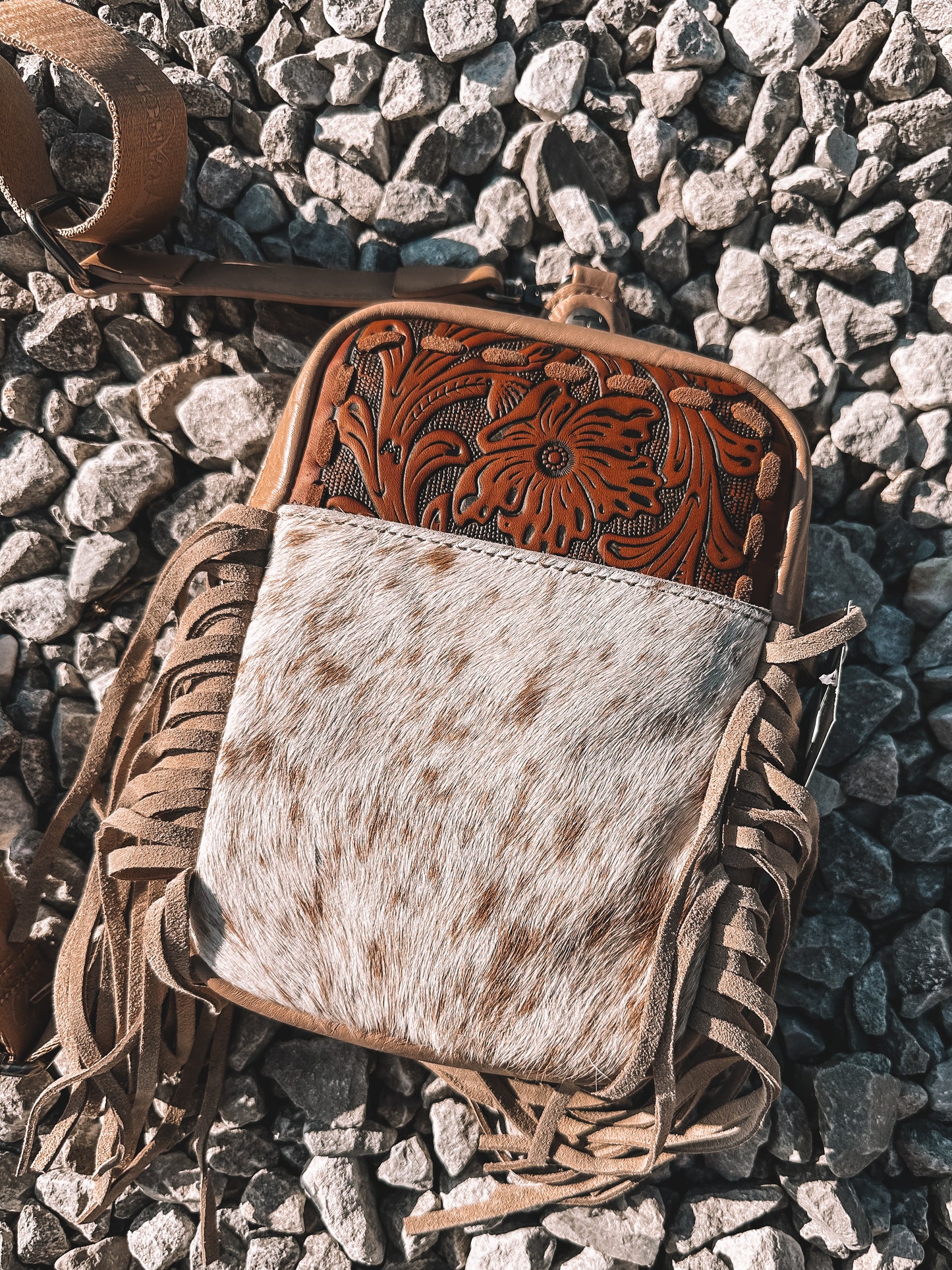 Beige Cowhide & Leather Crossbody Bag