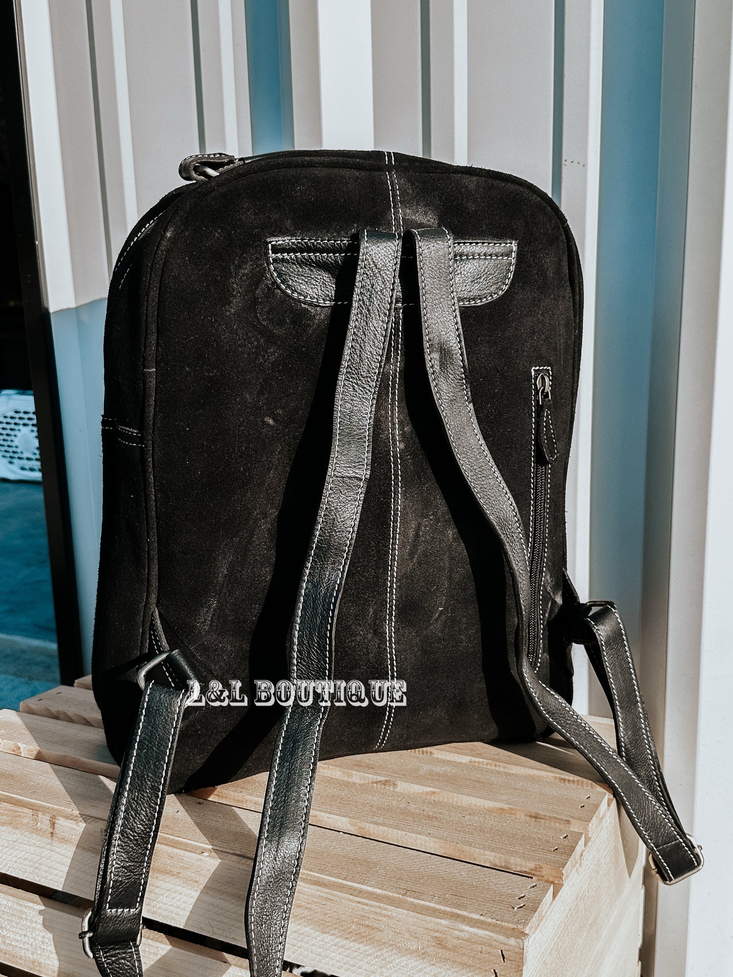 Boot Stitch Velvet Leather Backpack in Black