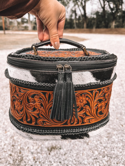 Braided Cowhide & Tooled Leather Accessory Bag in Black