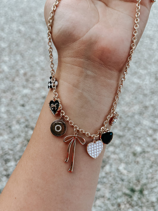 Gold Charm Necklace - Checkered Bow