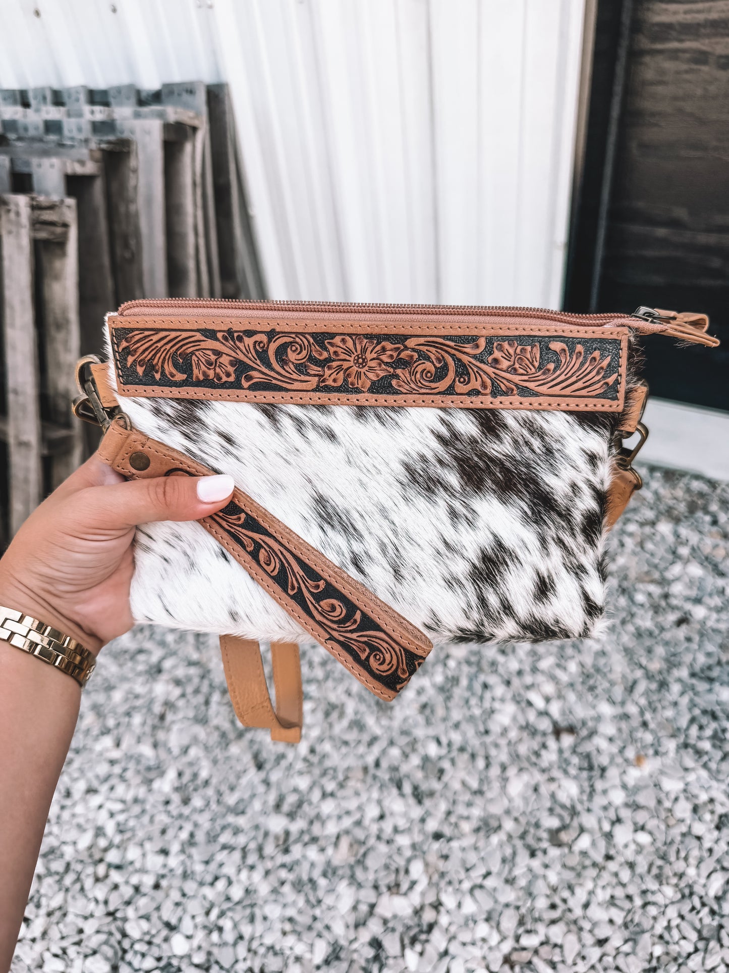 Stone Cowhide & Leather Wristlet Crossbody