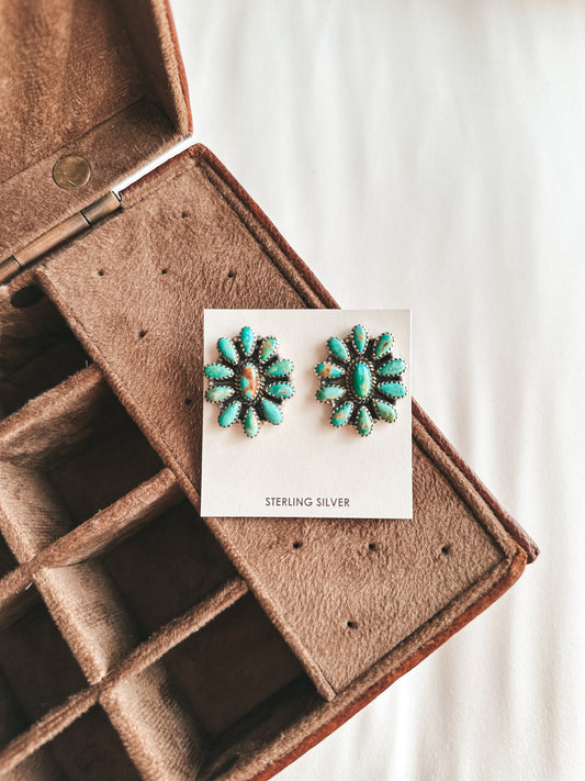 Genuine Turquoise Oval Cluster Earrings