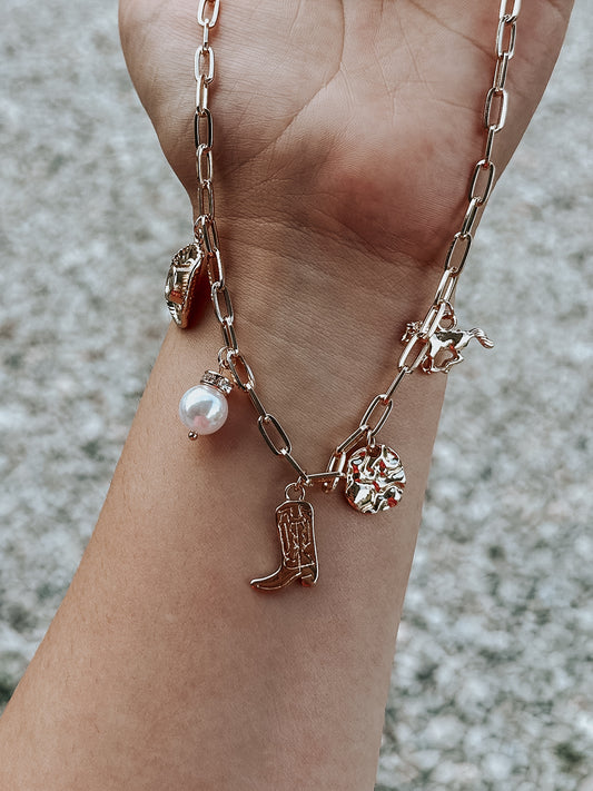 Gold Charm Necklace - Boots & Pearls