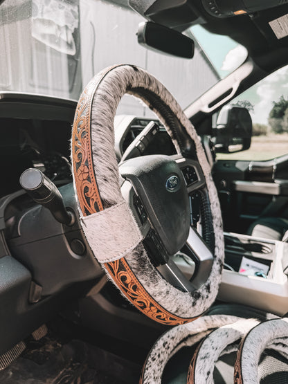 Black & Tan Leather Cowhide Steering Wheel Cover 16 inch