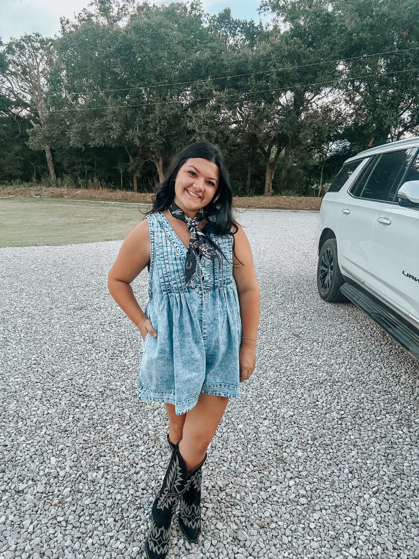 Pleated Denim Tie Romper