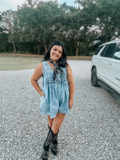 Pleated Denim Tie Romper
