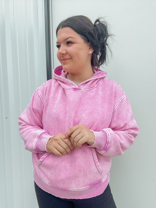 Washed Fleece Hoodie with Pockets in Pink