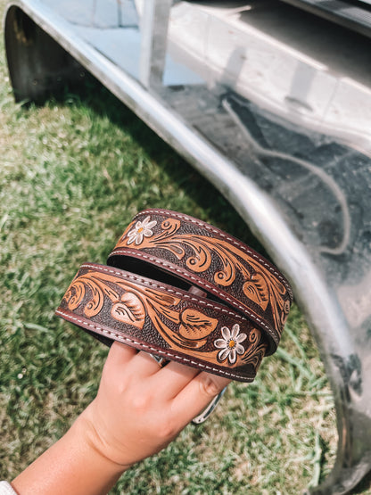 White Daisies Tooled Leather Belt