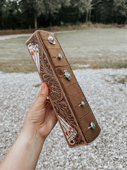 Aces Tooled Leather Ring Holder