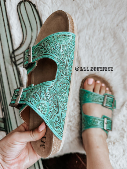 Verdant Turquoise Tooled Leather Sandals
