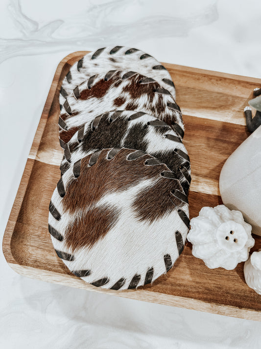 Round Stitched Cowhide Coasters in Dark Brown/Black