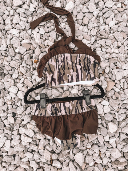 Bottomland Camo Girls Ruffle Swim Suit