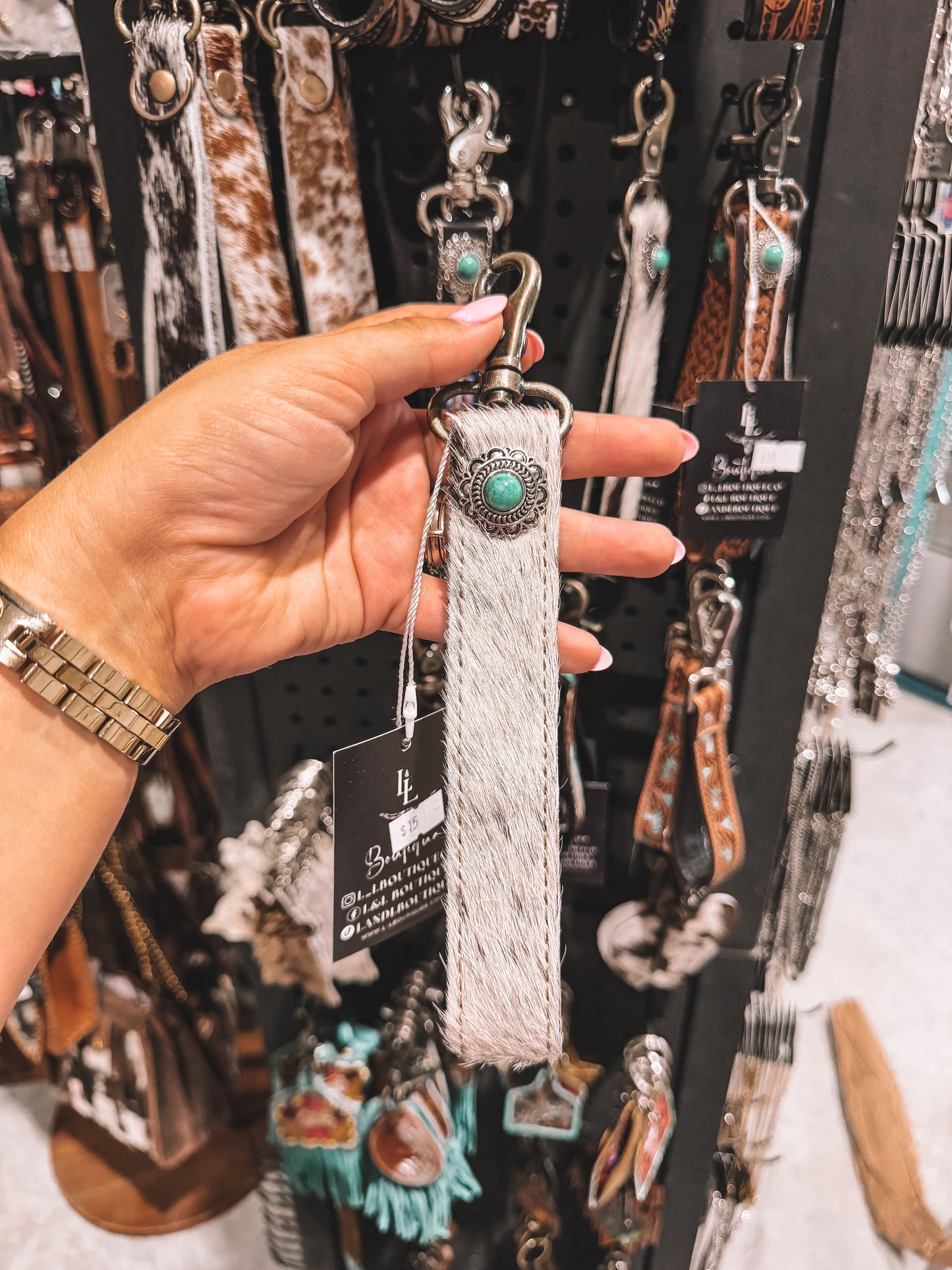 Turquoise & Cowhide Wristlet Keychain