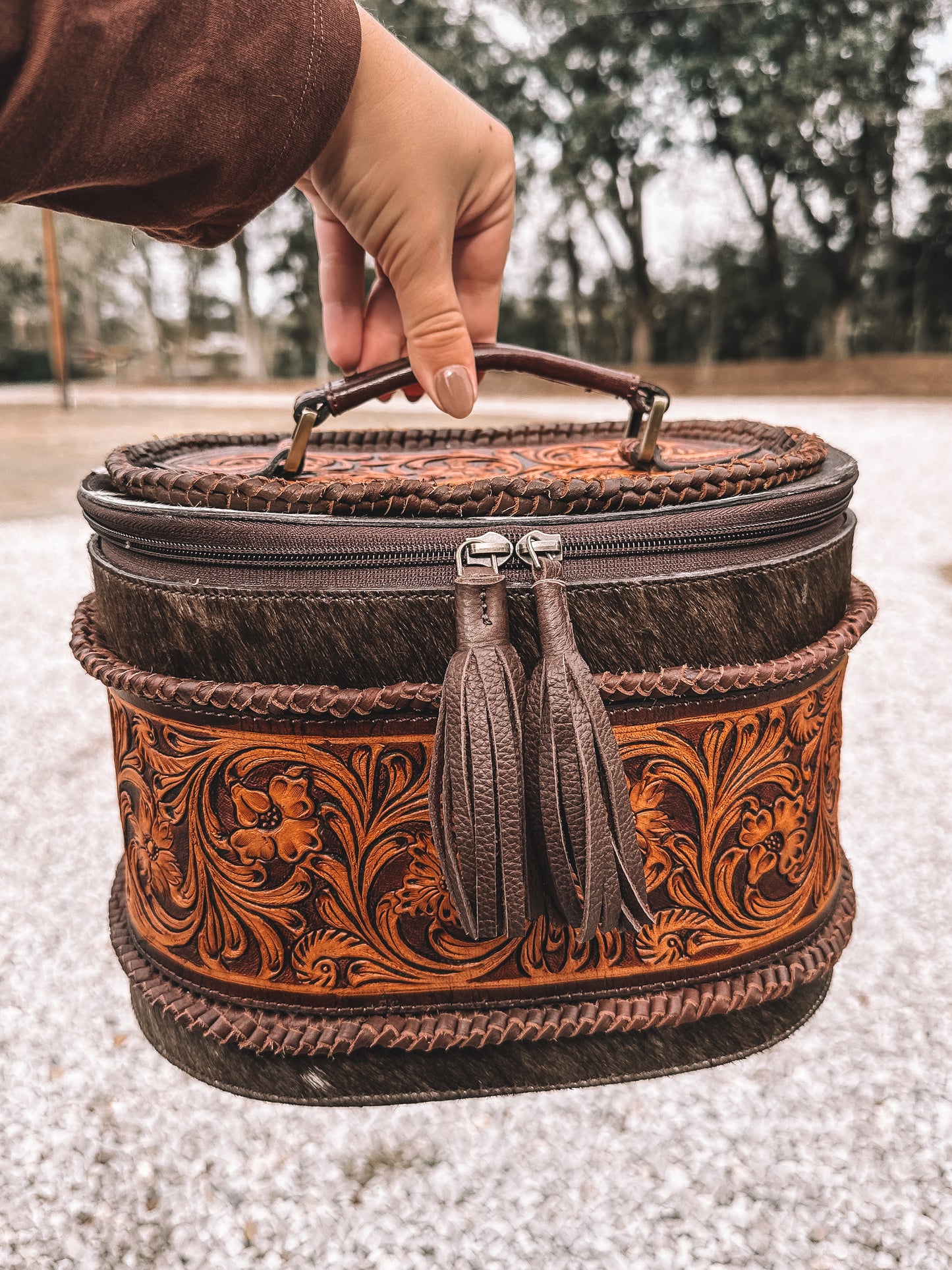Braided Cowhide & Tooled Leather Accessory Bag in Brown