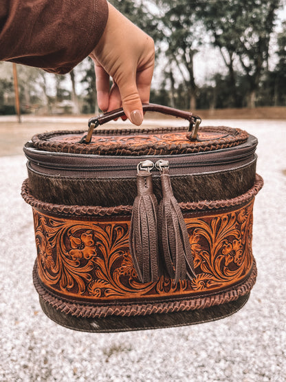 Braided Cowhide & Tooled Leather Accessory Bag in Brown