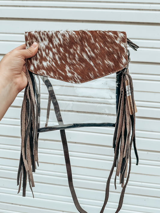 Fringe Cowhide Stadium Crossbody in Brown