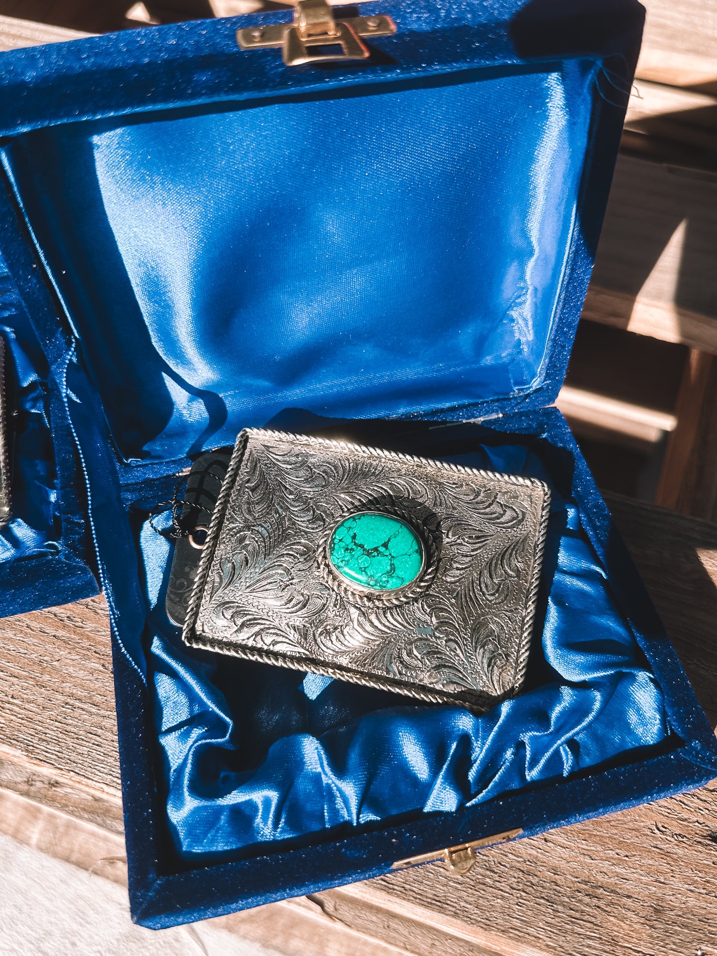 Turquoise & Silver Embossed Belt Buckle - Squared One Stone