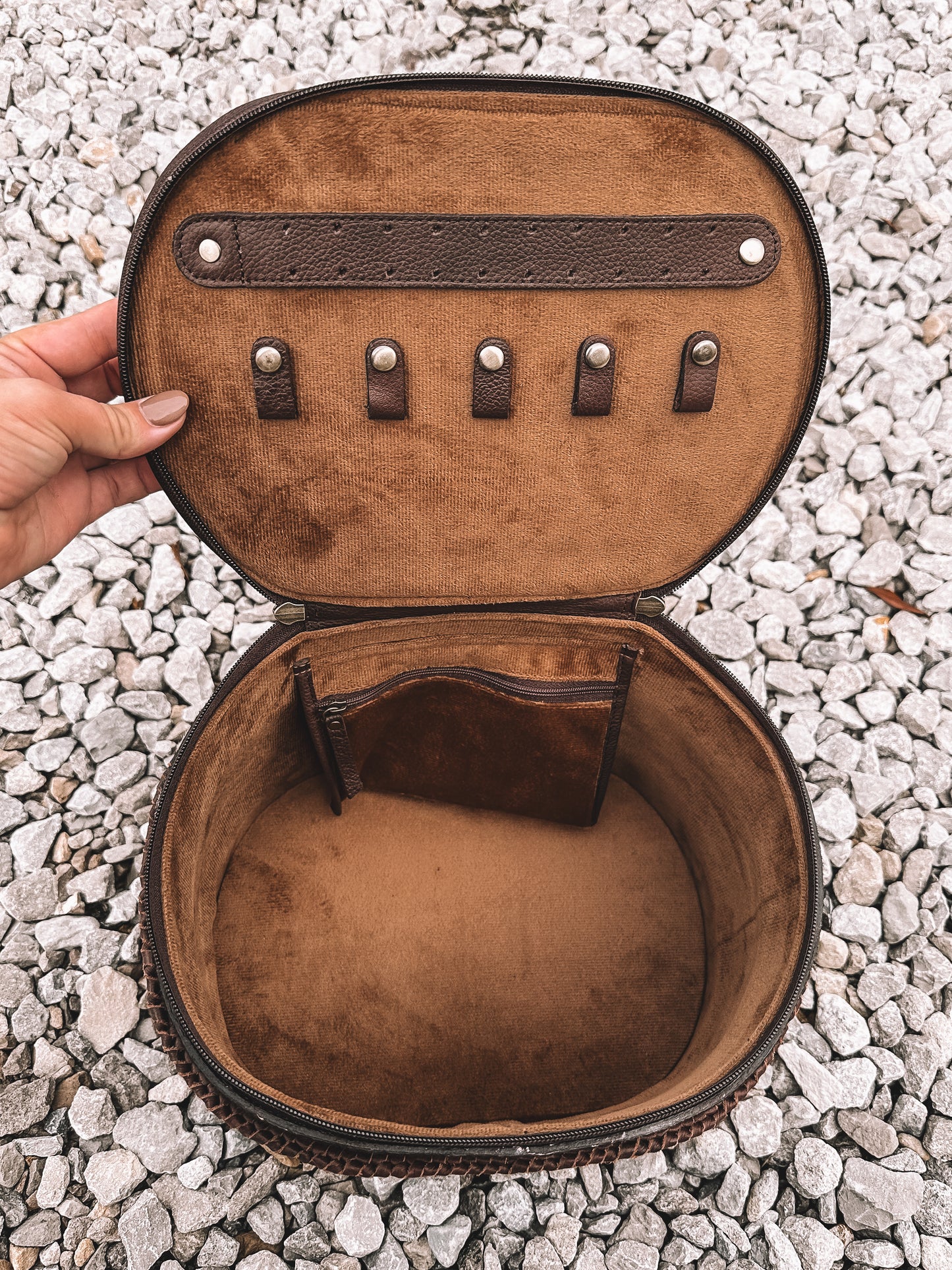 Braided Cowhide & Tooled Leather Accessory Bag in Brown