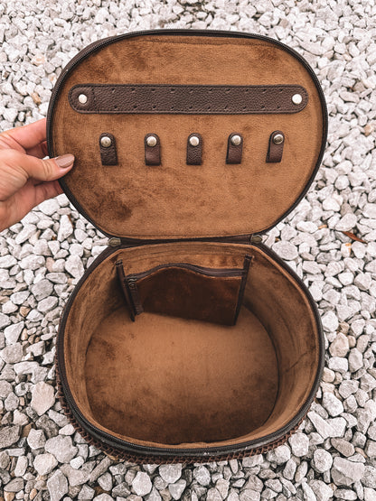 Braided Cowhide & Tooled Leather Accessory Bag in Brown
