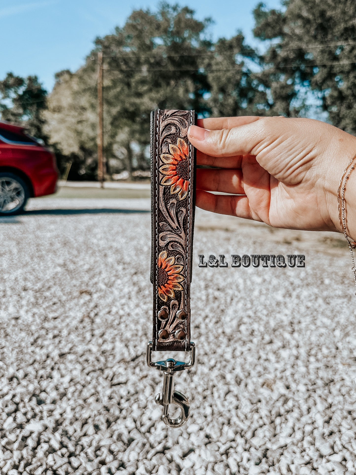 Wild Sunflower Tooled Leather Wristlet Keychain