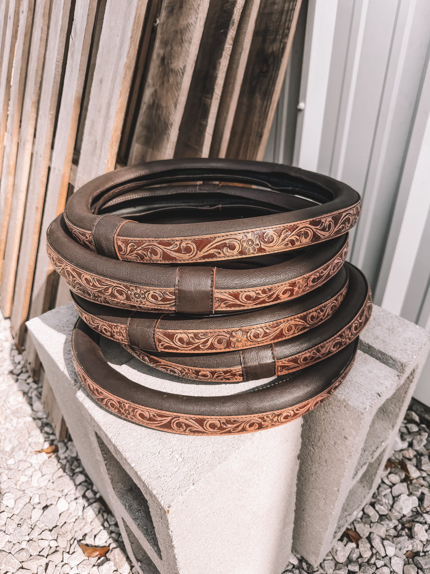 Tooled Leather Steering Wheel Cover in Brown 15 inch