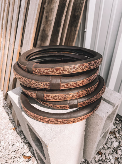 Tooled Leather Steering Wheel Cover in Brown 15 inch