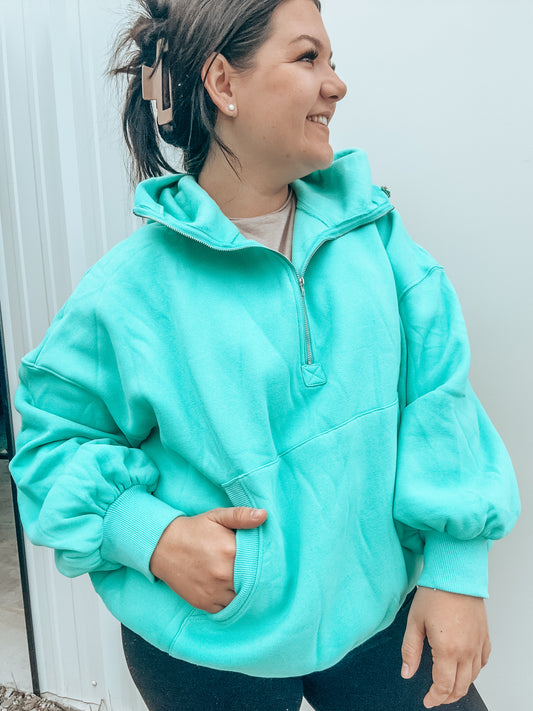 Oversized Balloon Sleeve Hoodie in Turquoise