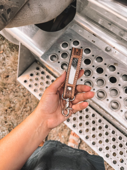 Inlay Tooled Leather & Cowhide Keychain