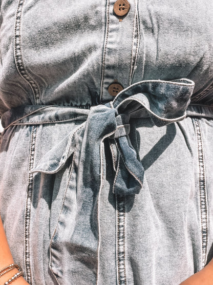 Washed Denim Ruffle Tie Dress