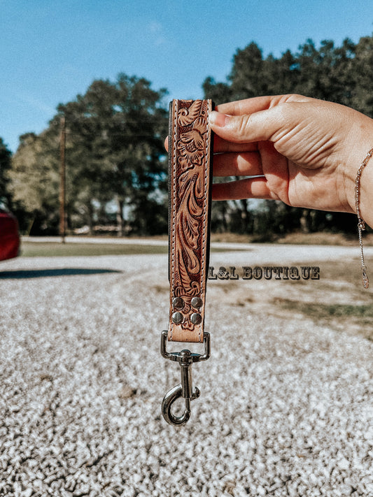 Tan Tooled Leather Wristlet Keychain