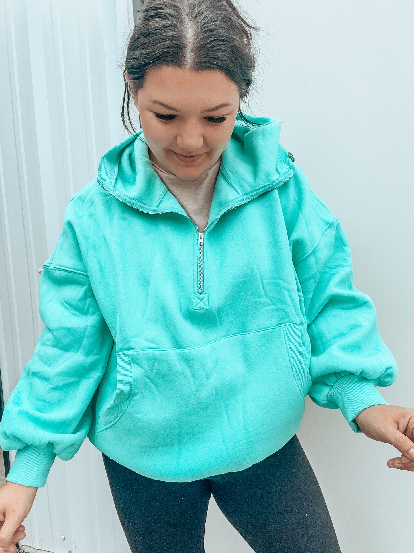 Oversized Balloon Sleeve Hoodie in Turquoise